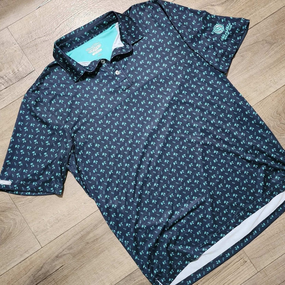 Straight Down Mens Performance Polo Shirt L Navy Teal Palm Tree Pineapple Golf